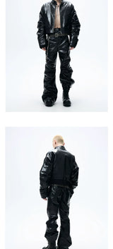 Cropped Glossy Pleated Leather Puffer Coat