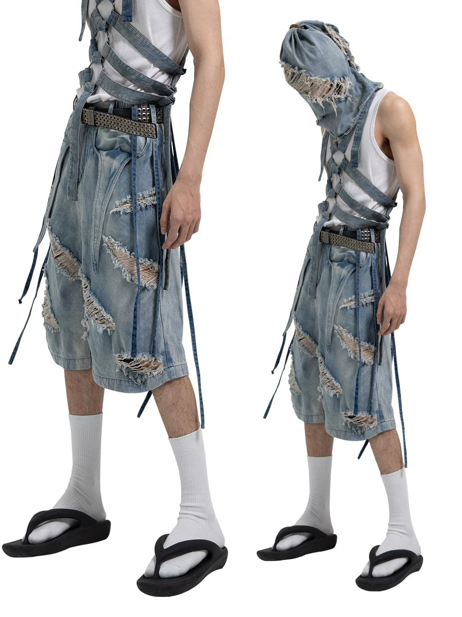 Washed Ripped Denim Shorts with Straps