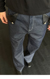 Navy Embossed PU Patchwork Flared Jeans
