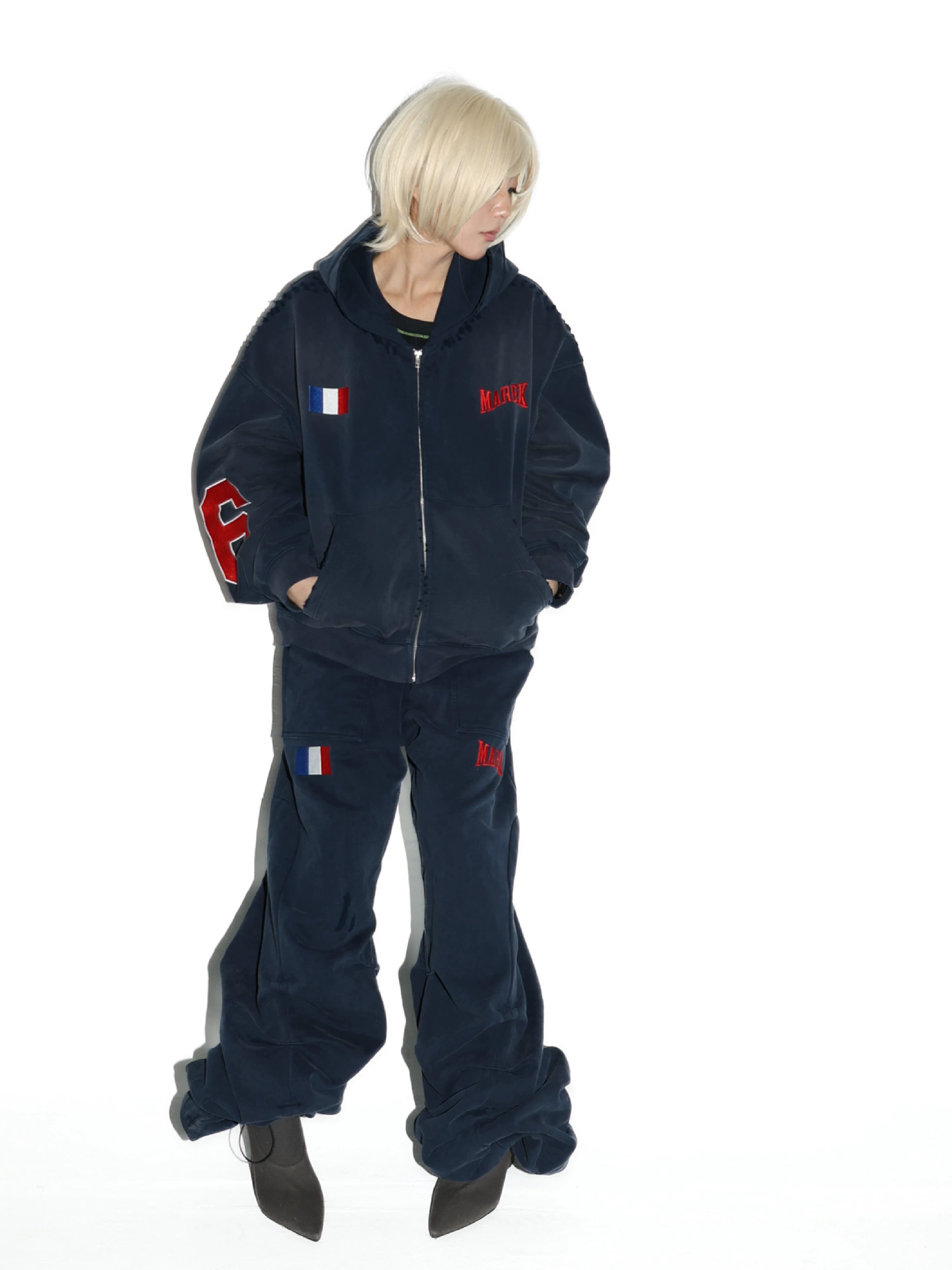 Navy Washed Embroidered Cropped Zip-Up Hoodie