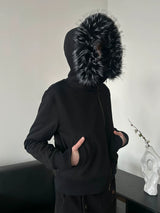 Detachable Fur Collar Slant Zip Hoodie