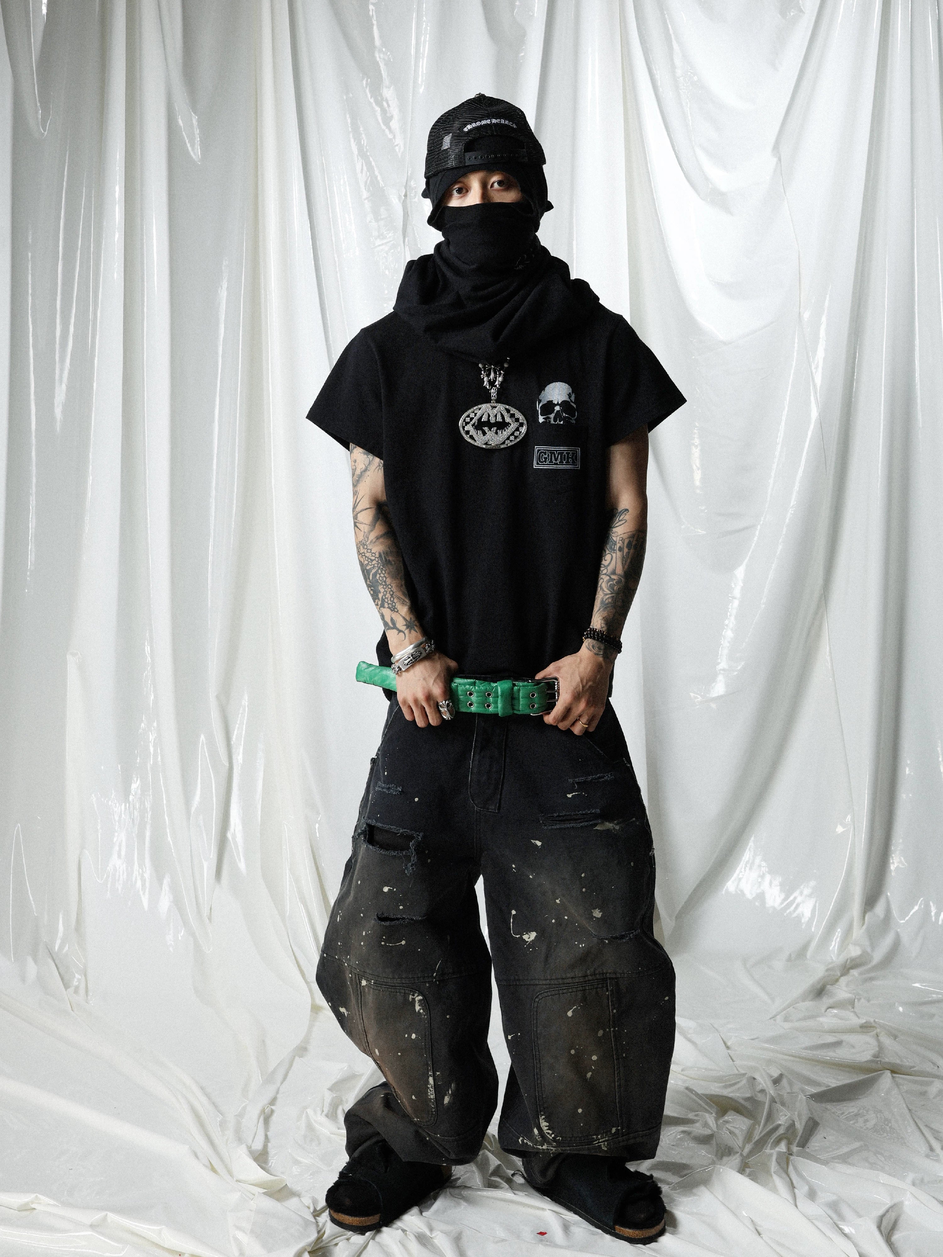 Black Skull Print Pocket Tee