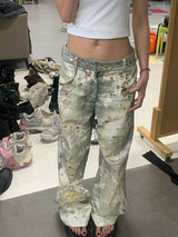 Vintage Digital Lace Print Flare Jeans