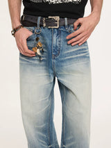 13oz Washed-Whiskered Cream Blue Straight Jeans