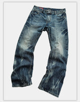 Vintage Washed Blue Printed Curved Jeans