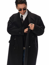 Men's Long Black Double-breasted Wool Coat