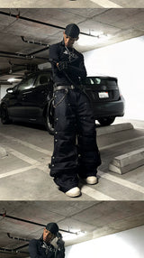 Studded Pleated Raw Lumberjack Denim Jeans