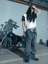 Blue Splattered Distressed Knee Logger Jeans