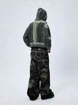 Washed Distressed Drop Shoulder Cropped Hoodie