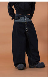 Men's Blue Patchwork Button Cargo Jeans