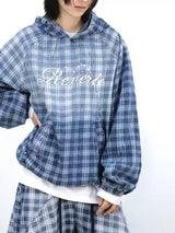 Gradient-Washed Plaid Stud Print Denim Hoodie