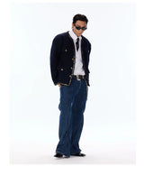 Wool Blend Navy Blue Tweed Coat