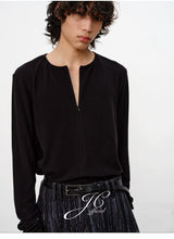 Hidden Half-zip Long-sleeve Crew Neck Top