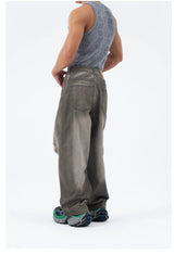 Men's Gray Vintage Distressed Wide-Leg Jeans