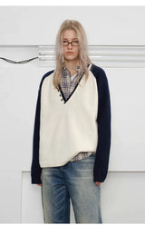 Men's Loose Colorblock V-neck Wool Sweater