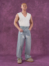 Men's Light Blue Sequined Baggy Jeans