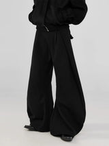 Black Pleated Curved Wide Leg Pants