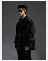 Washed Distressed Patchwork Denim Shirt Jacket