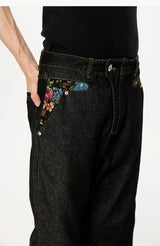 Washed Color-Blocked Floral Jacquard Flare Jeans