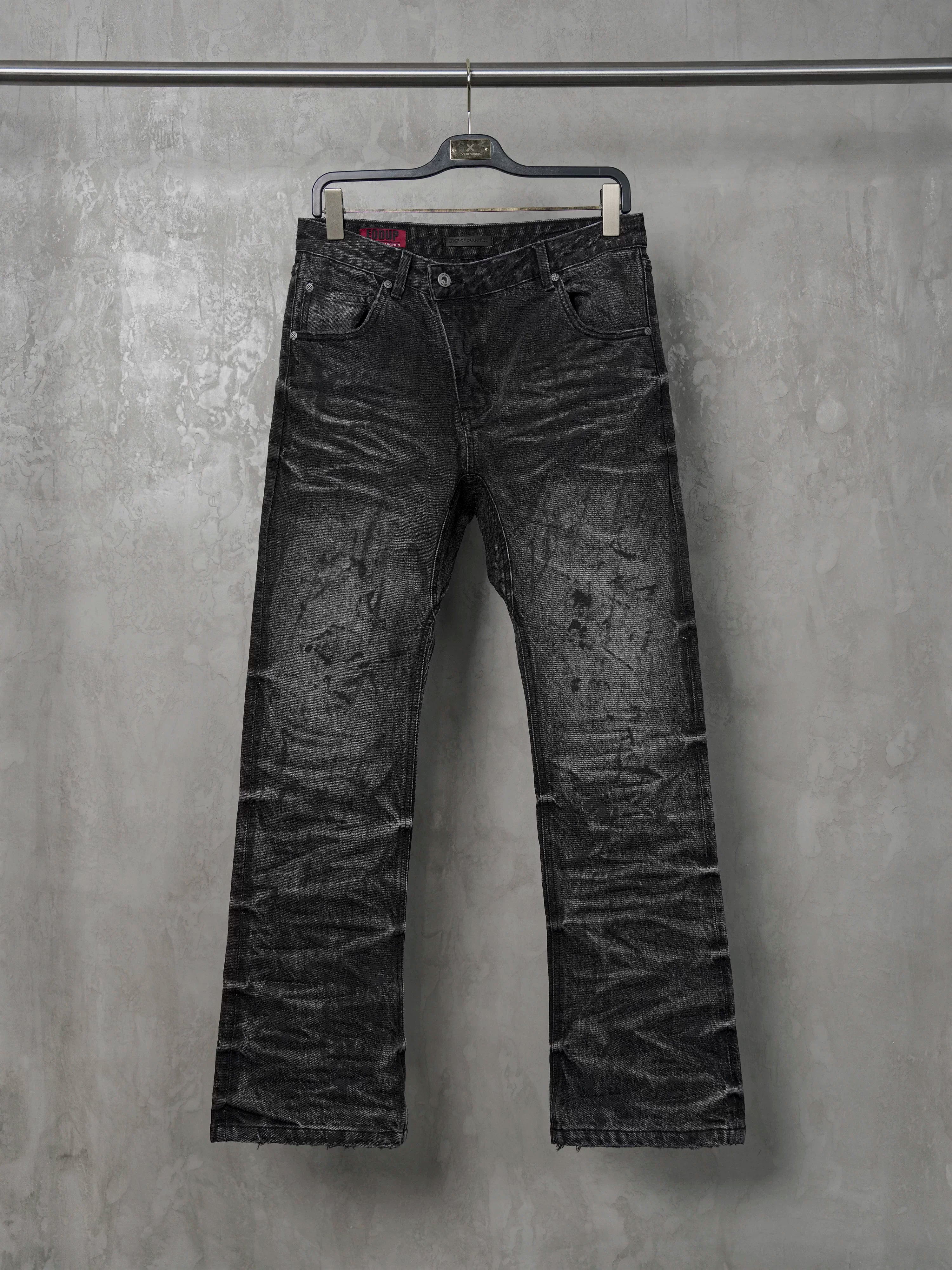 Dark Distressed Crinkled Straight Jeans