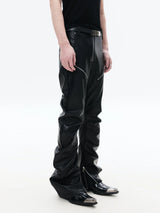 Slim Curved Leather Pants with Zippers
