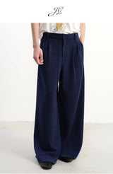 Blue-Black Plaid Pleated Casual Pants