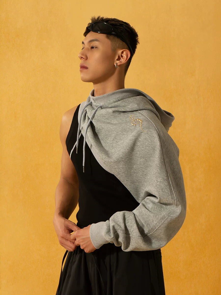 Off-White Single-sleeve Off-shoulder Loose Crop Hoodie