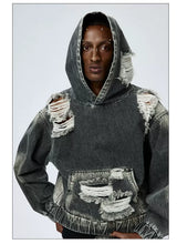 Washed Distressed Drop Shoulder Cropped Hoodie