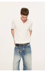 Wheat Jacquard V-Neck Knit Polo Tee