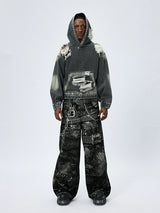 Washed Distressed Drop Shoulder Cropped Hoodie