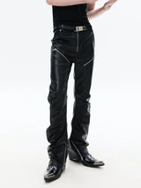 Slim Curved Leather Pants with Zippers