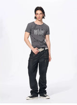 Slim Fit Letter Print Striped Tees