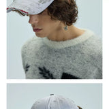 White Distressed Printed Long Brim Cap