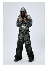 Washed Distressed Drop Shoulder Cropped Hoodie
