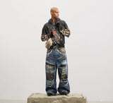 Leopard Print Ripped Washed Baggy Jeans