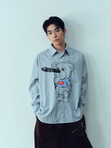 Retro Plaid Pinocchio Bear Print Shirt