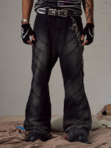 Black Washed Distressed Straight Flared Jeans