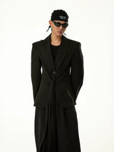 Black Wool Ribbon Pleated Waist-Tailored Blazer
