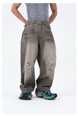 Men's Gray Vintage Distressed Wide-Leg Jeans