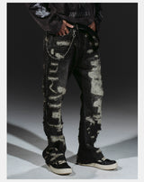 Heavyweight Distressed Embroidered Patchwork Flared Jeans