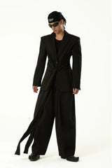Black Wool Ribbon Pleated Waist-Tailored Blazer