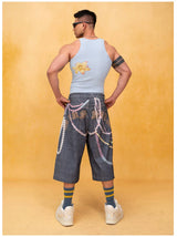 Unisex Blue Chain Print Cropped Jeans