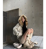 Washed Detachable Fur Zip Hoodie