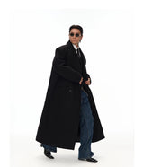 Men's Long Black Double-breasted Wool Coat