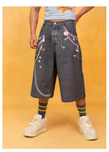Unisex Blue Chain Print Cropped Jeans