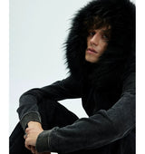 Washed Detachable Fur Zip Hoodie