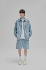 14Oz Washed Denim Asymmetric-Pocket Shirt Jacket