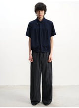 Navy Blue Pleated Short Sleeve Shirt