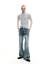 Casual Slub Distressed Flared Denim Pants