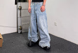 Double Waistband Drawstring Washed Blue Jeans